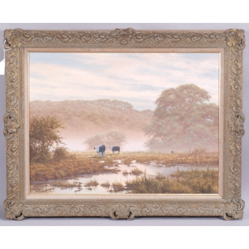 332 - David Morgan (born 1947), cattle in landscape, oil on canvas, signed, 44cm x 61cm, framed