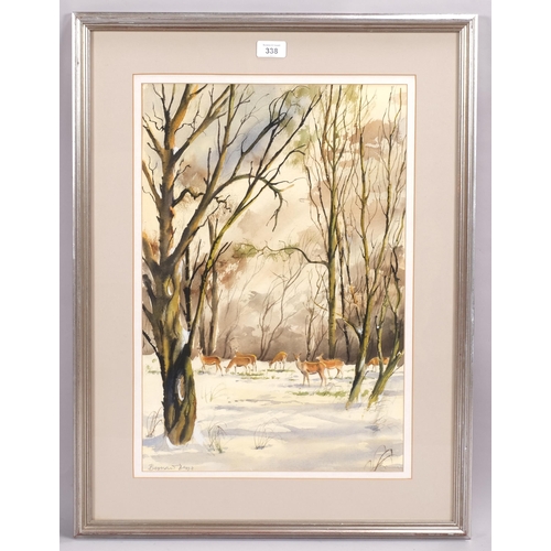 338 - Bernard Bavis?, deer in woodland, watercolour, signed, 51cm x 35cm, framed