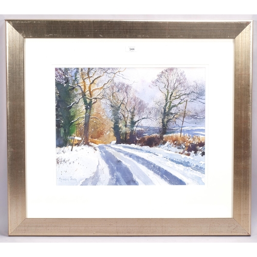 344 - Richard Thorn, Evening Sets in February Snow on Dartmoor, watercolour, signed, 38cm x 48cm, framed