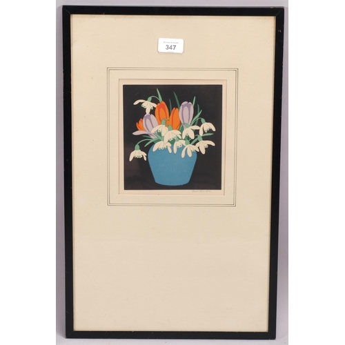 347 - John Hall Thorpe (1874 - 1947), crocus, colour woodcut print, signed in pencil, image 16cm x 15cm, f... 