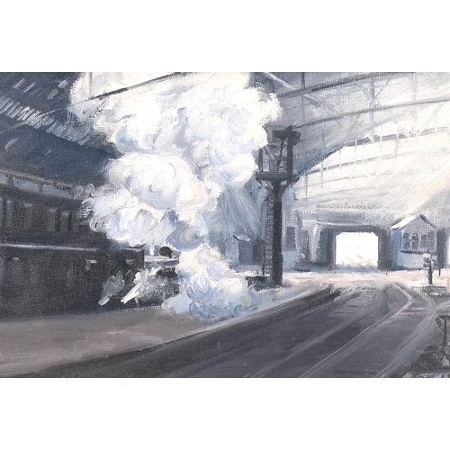 352 - Ron Moor, steam train in station, oil on board, 17cm x 24cm, framed