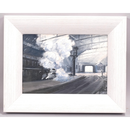 352 - Ron Moor, steam train in station, oil on board, 17cm x 24cm, framed