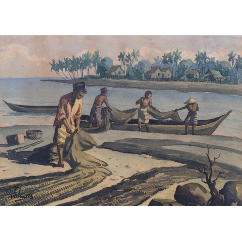 354 - Indonesian School, study of fishermen and nets, watercolour, indistinctly signed, 26cm x 36cm, frame... 