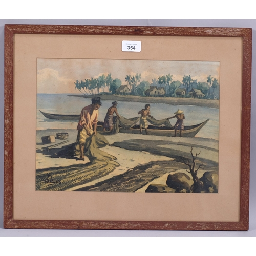 354 - Indonesian School, study of fishermen and nets, watercolour, indistinctly signed, 26cm x 36cm, frame... 