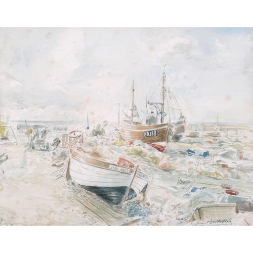 360 - P Hudson, pair of Hastings fishing boat scenes, watercolour, signed, 29cm x 35cm, framed