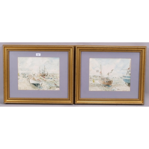 360 - P Hudson, pair of Hastings fishing boat scenes, watercolour, signed, 29cm x 35cm, framed