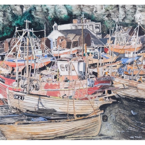 361 - Ian Tyler, Hastings fishing beach scene, mixed media watercolour/gouache, 27cm x 30cm, framed, with ... 