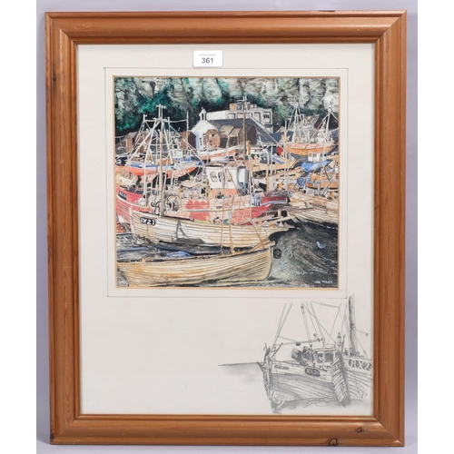 361 - Ian Tyler, Hastings fishing beach scene, mixed media watercolour/gouache, 27cm x 30cm, framed, with ... 