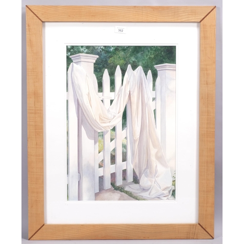 362 - Judy Metcalfe, Abandon, watercolour, signed with artist's label verso, 51cm x 35cm, inlaid ash frame