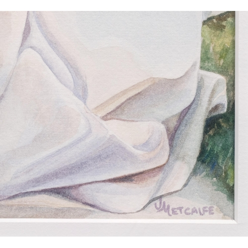 362 - Judy Metcalfe, Abandon, watercolour, signed with artist's label verso, 51cm x 35cm, inlaid ash frame