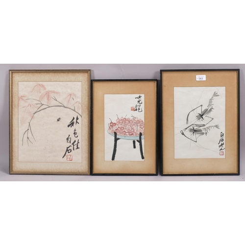 363 - Chinese School, 3 colour prints after Qi Baishi, largest image 32cm x 25cm, framed, with Wah Cheong ... 