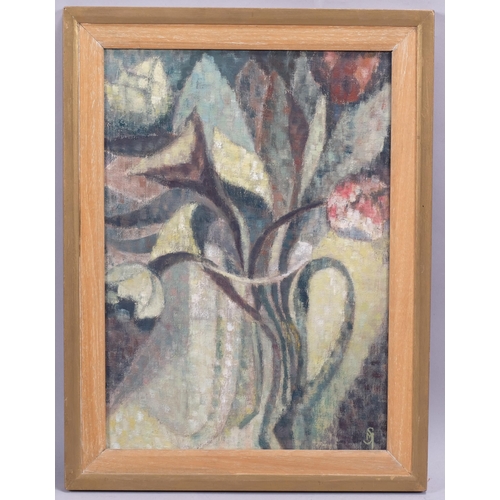 364 - Still life flowers in a jug, oil on board, signed with monogram, 36cm x 25cm, framed