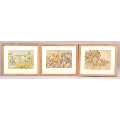 367 - Matherin Mehuit, 3 French fishing scenes, lithographs, image 20cm x 27cm, framed (3)