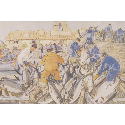 367 - Matherin Mehuit, 3 French fishing scenes, lithographs, image 20cm x 27cm, framed (3)