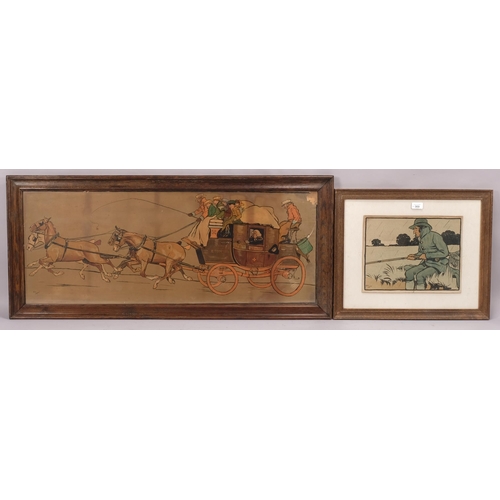 369 - Cecil Aldin, 2 lithographs, fishermen, 25cm x 33cm, and coach and horses, 40cm x 100cm, framed (2)