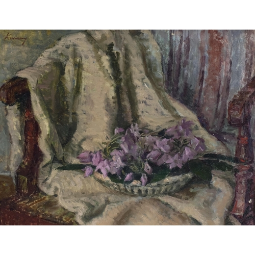 372 - Kalman Kemeny, still life violets, oil on board, signed, 34cm x 44cm, framed