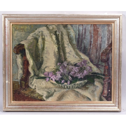 372 - Kalman Kemeny, still life violets, oil on board, signed, 34cm x 44cm, framed