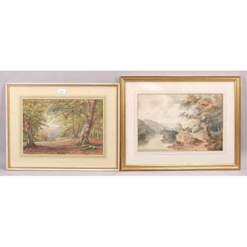 373 - Powell May, woodland scene, watercolour, 27cm x 38cm, and 2 other unsigned watercolours, 2 framed an... 