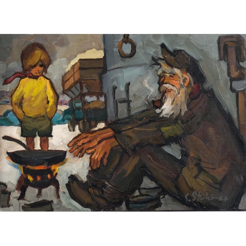 375 - 20th century French School, 2 oils on canvas by the same hand, man and child by a brazier, 33cm x 46... 