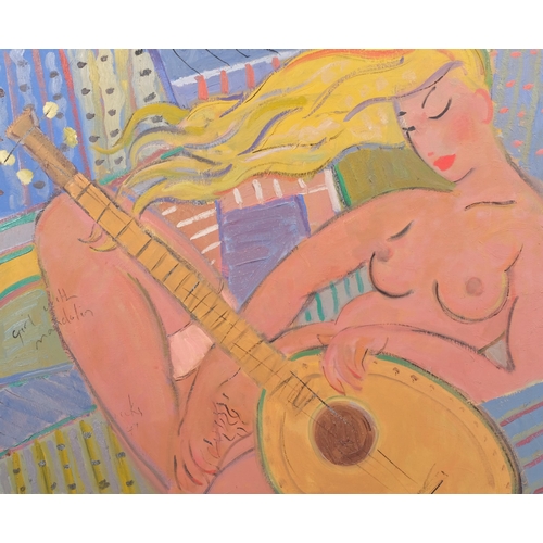 384 - Kanwaldeep Singh Kang (1964 - 2007), nude girl with guitar, oil on canvas, signed, 76cm x 94cm, unfr... 