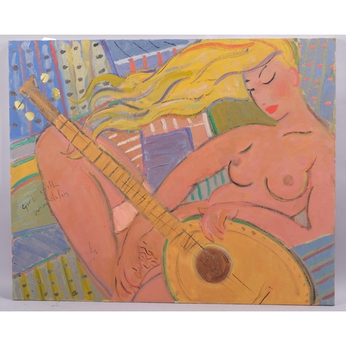 384 - Kanwaldeep Singh Kang (1964 - 2007), nude girl with guitar, oil on canvas, signed, 76cm x 94cm, unfr... 