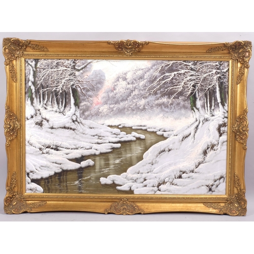 385 - Joseph Dande, winter woodland stream, oil on canvas, signed, 61cm x 92cm, framed