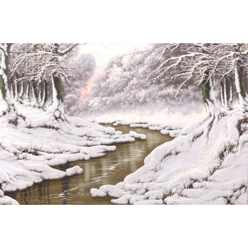 385 - Joseph Dande, winter woodland stream, oil on canvas, signed, 61cm x 92cm, framed