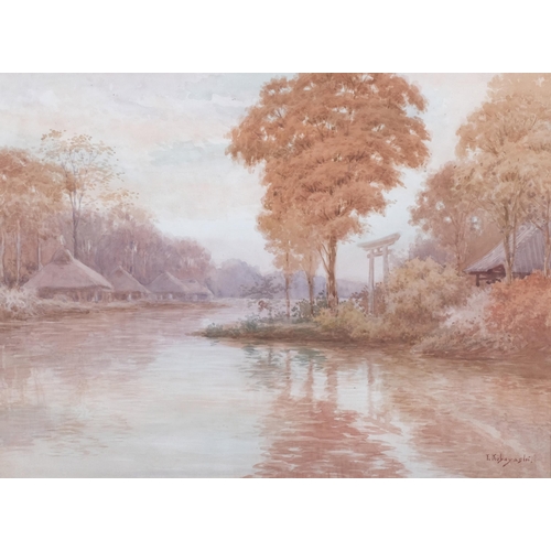 387 - T Kobayashi, Japanese river landscape, watercolour, signed, 49cm x 65cm, framed