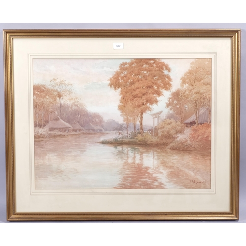 387 - T Kobayashi, Japanese river landscape, watercolour, signed, 49cm x 65cm, framed