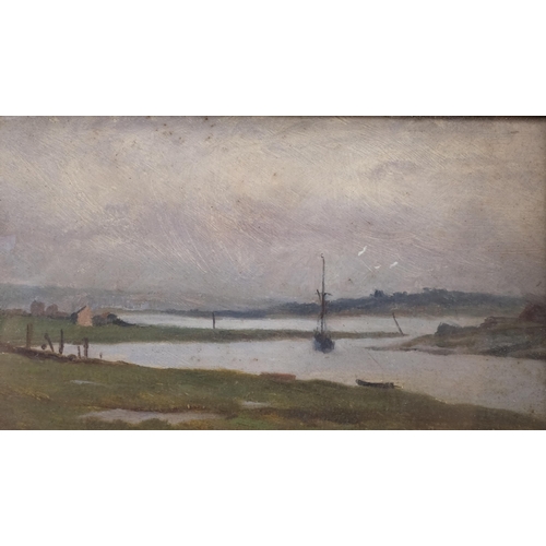 388 - Early 20th century estuary scene, oil on wood panel, unsigned, 12cm x 21cm, framed