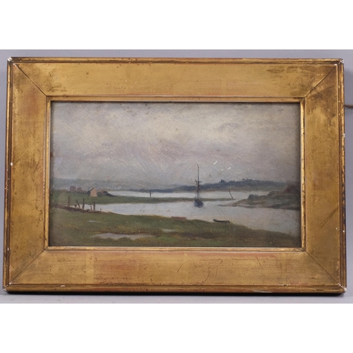 388 - Early 20th century estuary scene, oil on wood panel, unsigned, 12cm x 21cm, framed