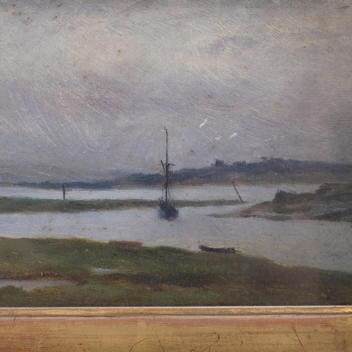 388 - Early 20th century estuary scene, oil on wood panel, unsigned, 12cm x 21cm, framed