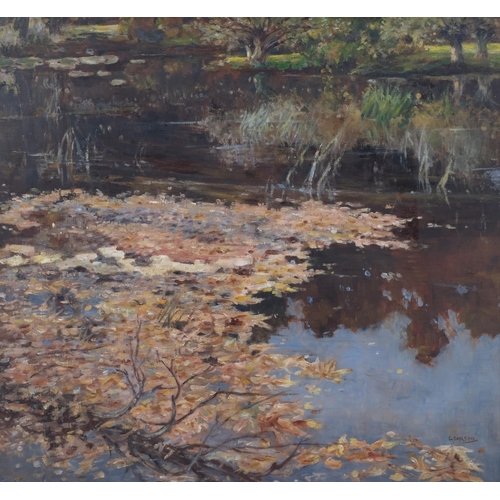 393 - George Sarson (1880 - 1969), pond reflections, oil on board, signed, 55cm x 60cm, framed