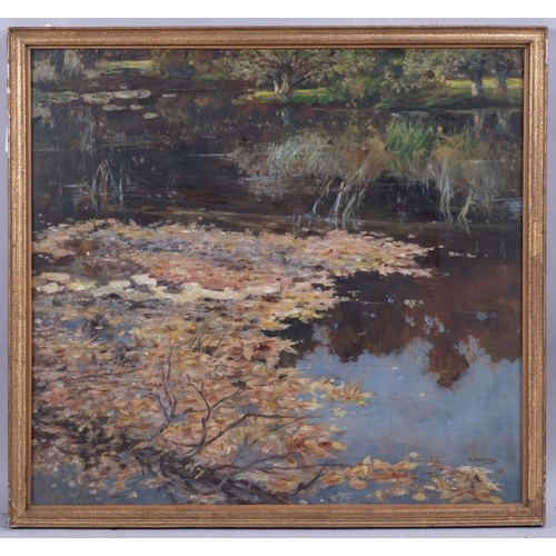 393 - George Sarson (1880 - 1969), pond reflections, oil on board, signed, 55cm x 60cm, framed