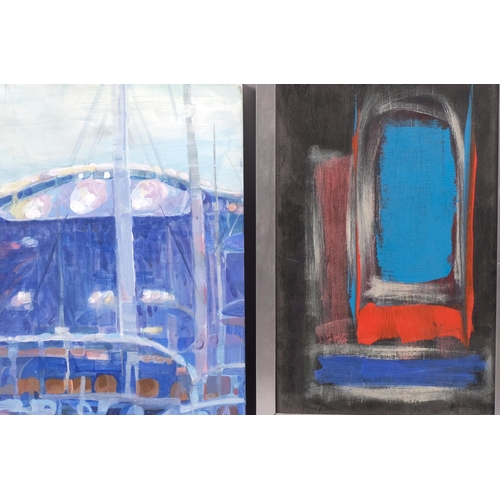 401 - Noel Wain, abstract composition, oil on board, 36cm x 22cm, and J Van Dyke, Cornish blue, oil on can... 