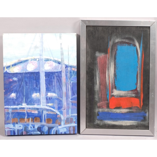 401 - Noel Wain, abstract composition, oil on board, 36cm x 22cm, and J Van Dyke, Cornish blue, oil on can... 