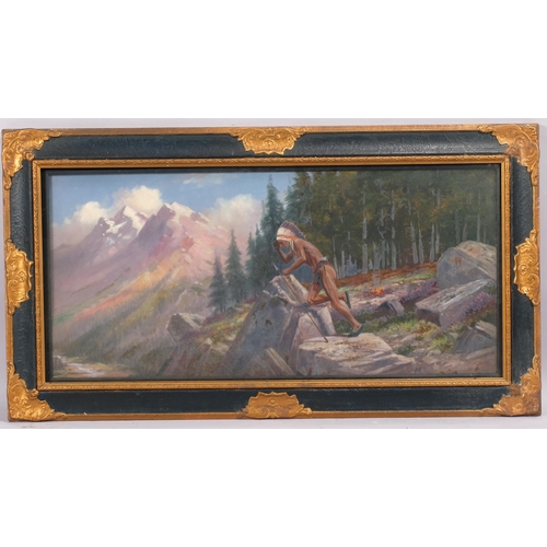 403 - Early to mid-20th century American School, Native American in the mountains, oil on board, indistinc... 