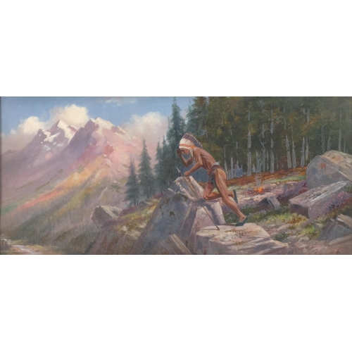 403 - Early to mid-20th century American School, Native American in the mountains, oil on board, indistinc... 