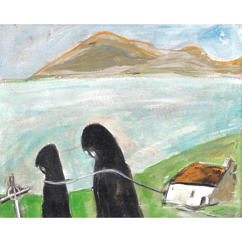 404 - Contemporary Irish School, monks on the foreshore, Co Mayo, unsigned, 29cm x 36cm, framed