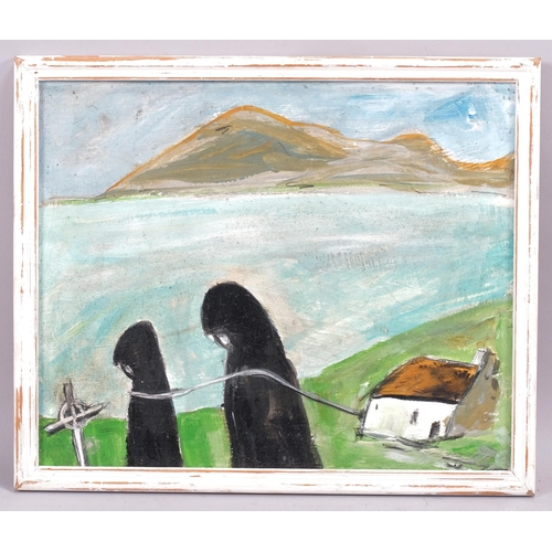 404 - Contemporary Irish School, monks on the foreshore, Co Mayo, unsigned, 29cm x 36cm, framed