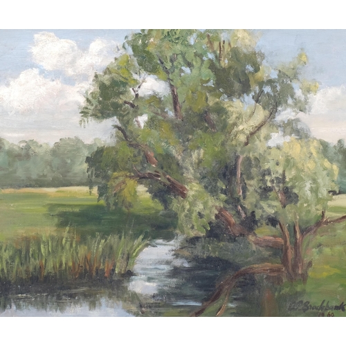 408 - A P Brockbank (active 1950 - 1990), rural landscape, oil on board, signed, 50cm x 60cm, framed