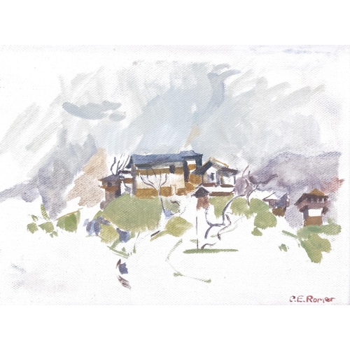 410 - Caroline Romer, mountain chalets Banjar, oil on canvas, signed with exhibition label verso, 15cm x 2... 