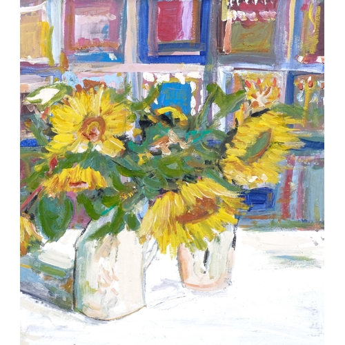 411 - Still life sunflowers, oil on board, unsigned, 58cm x 51cm, framed