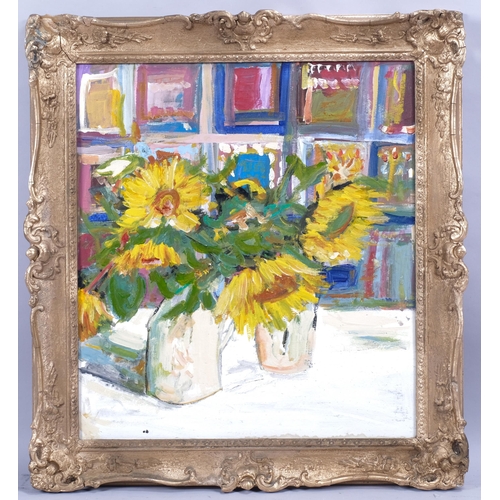 411 - Still life sunflowers, oil on board, unsigned, 58cm x 51cm, framed