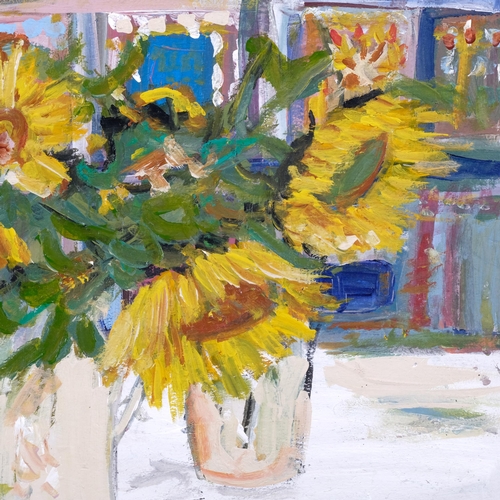 411 - Still life sunflowers, oil on board, unsigned, 58cm x 51cm, framed