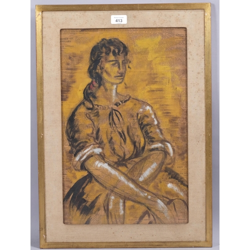 413 - Mid 20th century mixed media portrait of a continental woman on newsprint, 47.5 x 30.5cm, framed