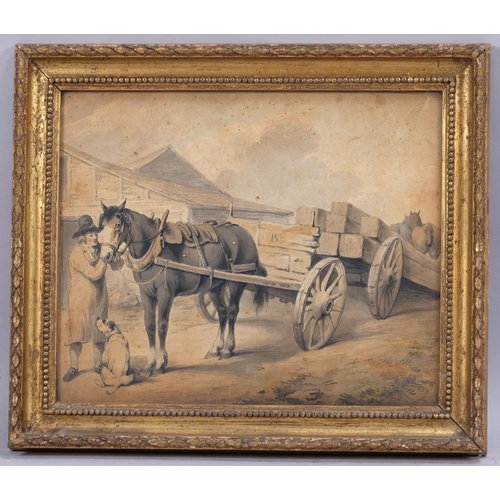 414 - 18th century English School, the timber wagon, watercolour, unsigned, 23cm x 28cm, framed