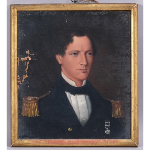 415 - 19th century English School, portrait of a man in military uniform with medal, oil on canvas, unsign... 