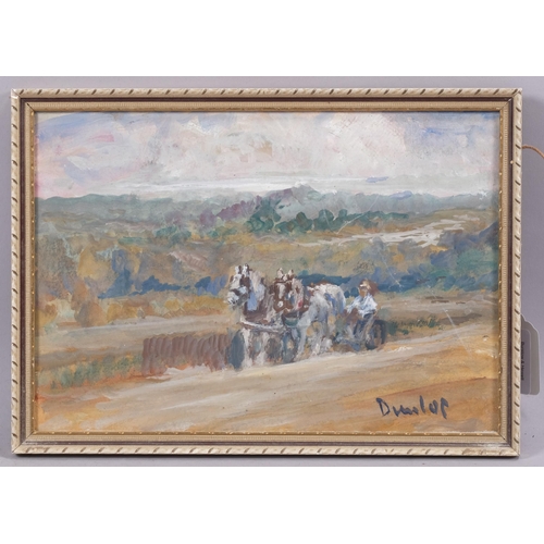 417 - Ronald Ossory Dunlop, the last farm horses, oil on board, signed, 18cm x 26cm, framed