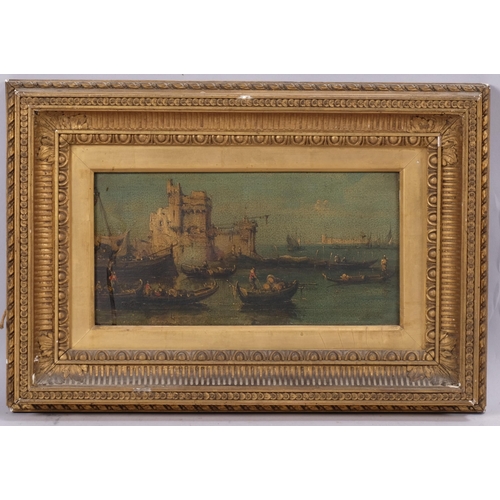 419 - A busy scene with gondolas in Venice, 18th/19th century oil on canvas, unsigned, 16cm x 29cm, framed